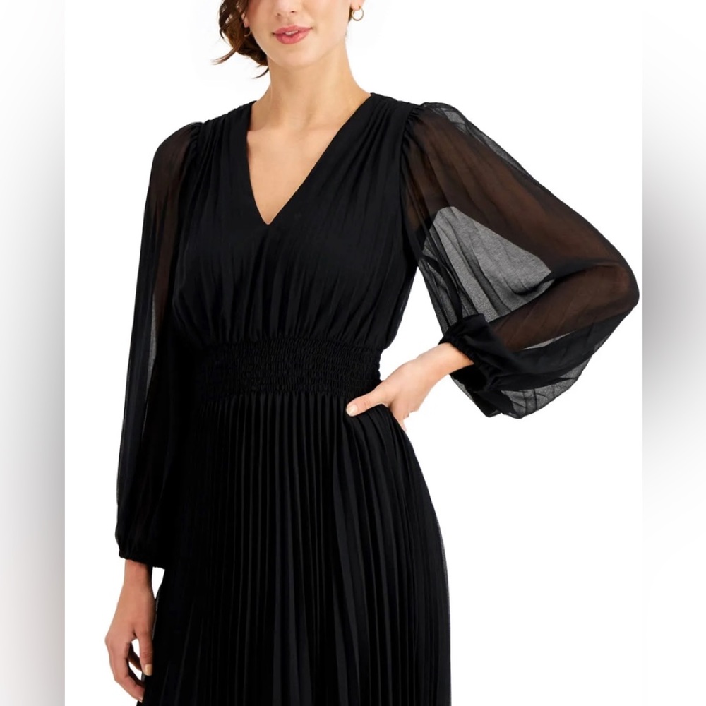 Taylor Black Midi Fit + Flare Sheer Sleeve Dress